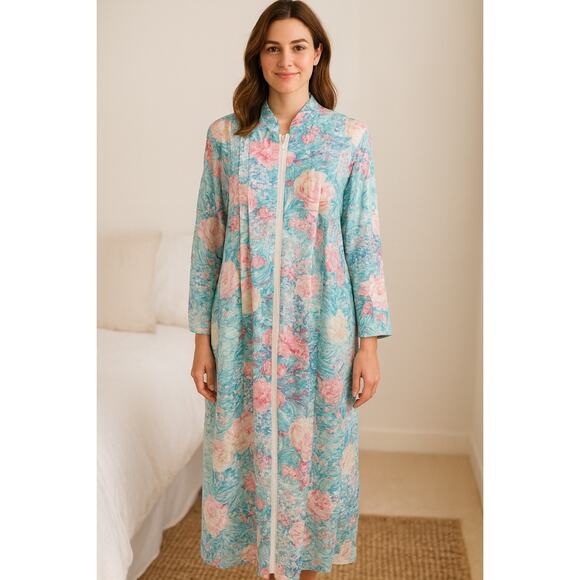 Vintage Miss Elaine Seersucker Floral Zip Front House Coat Robe Full Length M/L - Picture 1 of 9